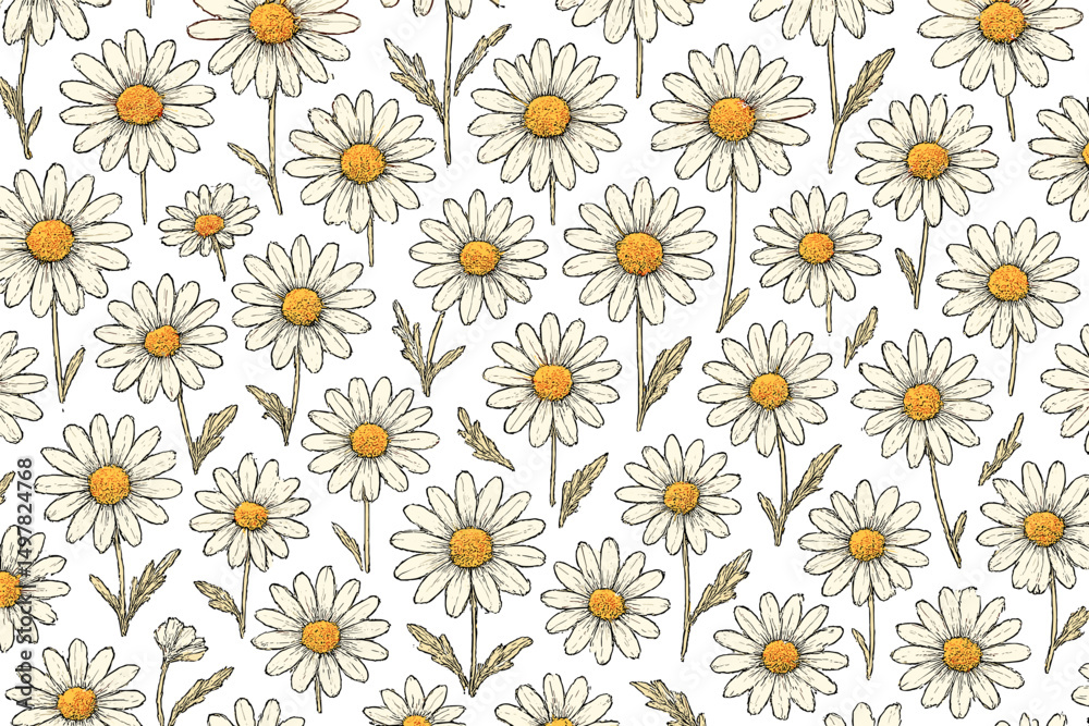 Poster flowers cover a seamless pattern featuring daisies in various stages of blooming on a light backgrou