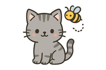 Obraz premium Cute gray kitten sitting and observing a buzzing bee in a playful manner