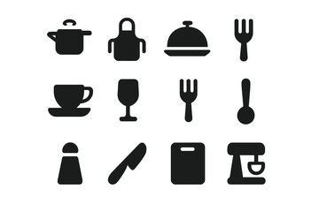 Kitchen utensils and dining elements illustrated with simple silhouettes, suitable for culinary design projects or menu layouts