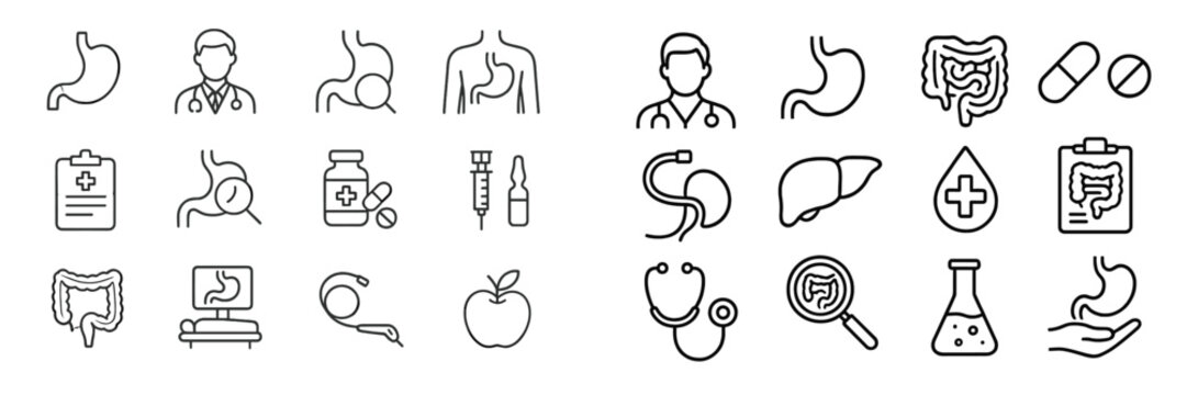 Collection of medical icons related to digestive health and treatment options in a healthcare setting
