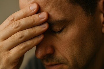 Fototapeta premium Man in deep thought with hand on forehead, expressing stress and contemplation in close-up shot