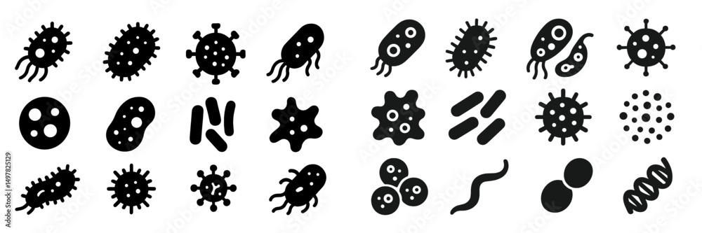 Poster black silhouettes of various bacteria and microbes on a white background showcasing diverse shapes a