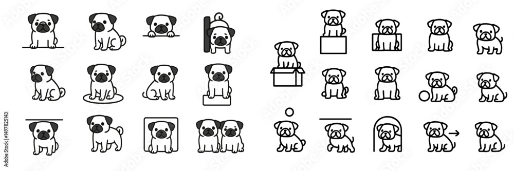 Aufkleber Collection of cute and playful pug illustrations in various poses and activities suitable for design projects