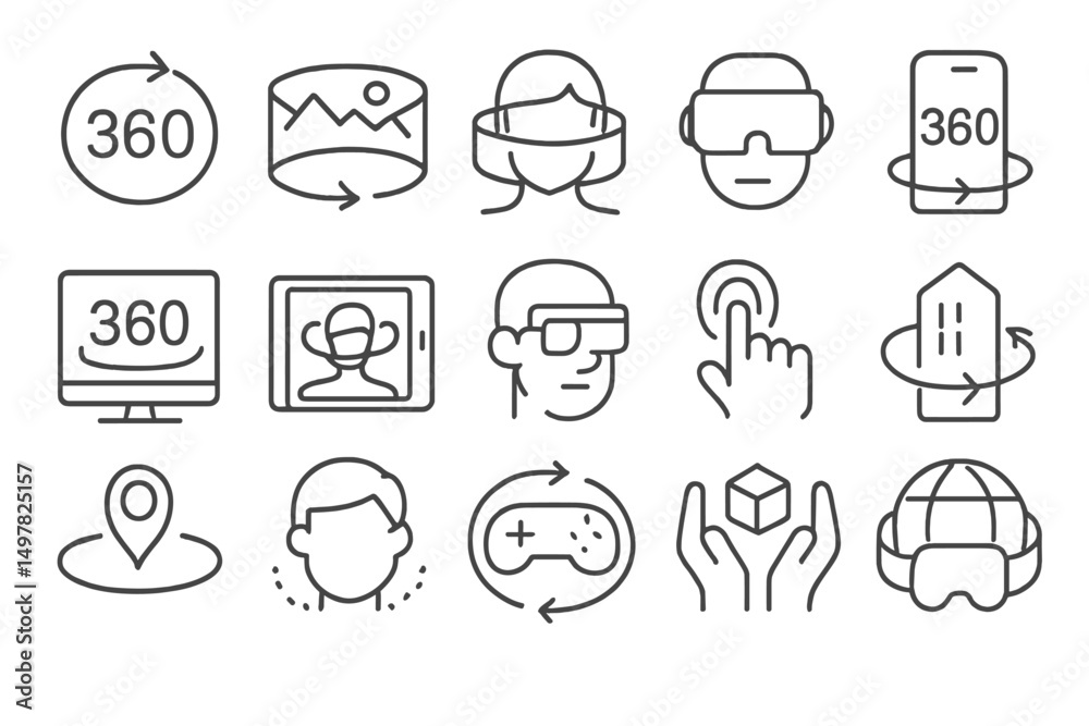 Poster Virtual reality and 360-degree interactions represented through simple illustrations depicting various applications and devices