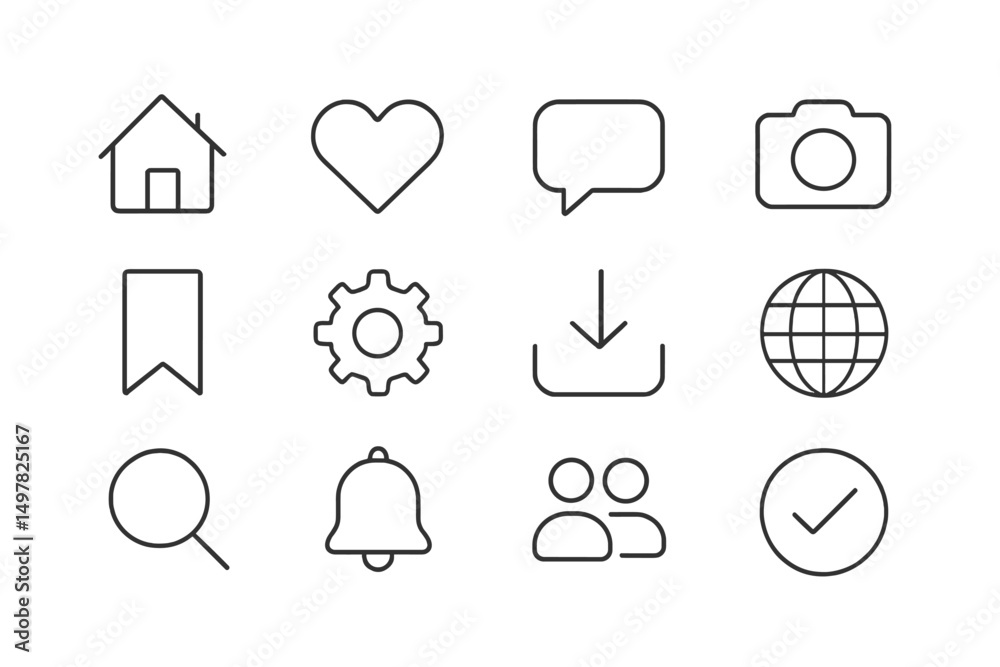 Poster minimalist line icons representing various concepts in a simple design, ideal for modern digital int