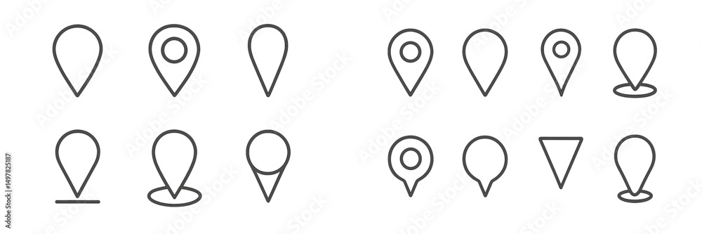 Poster different styles of location markers set against a simple background showcasing various shapes and d