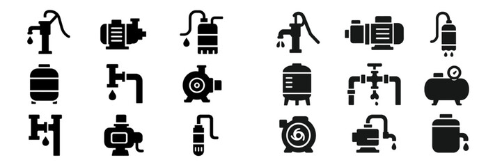 Collection of black and white water-related icons showcasing various types of pumps, faucets, and tanks