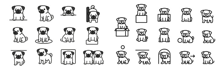 Collection of cute and playful pug illustrations in various poses and activities suitable for design projects