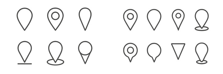 Different styles of location markers set against a simple background showcasing various shapes and designs