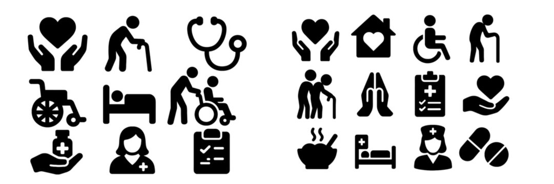 Icons representing healthcare, support services, and wellness activities in a clear and informative manner