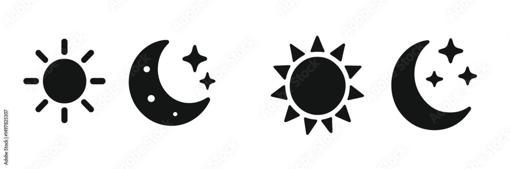 Poster Sun and moon symbols representing day and night cycles with stars in a minimalist style for visual design