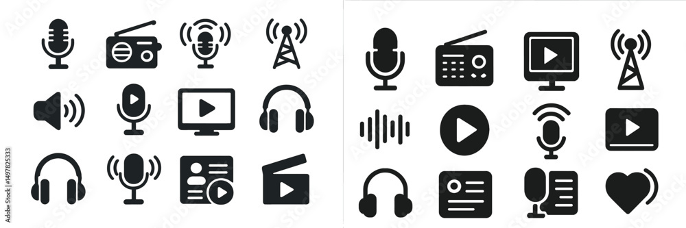 Poster collection of audio and video icons representing communication and media technology at the forefront