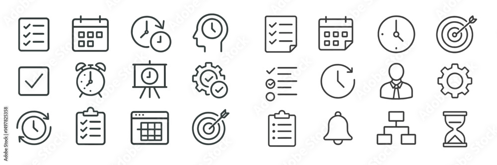 Poster collection of icons representing time management, productivity, and planning tools for efficient wor