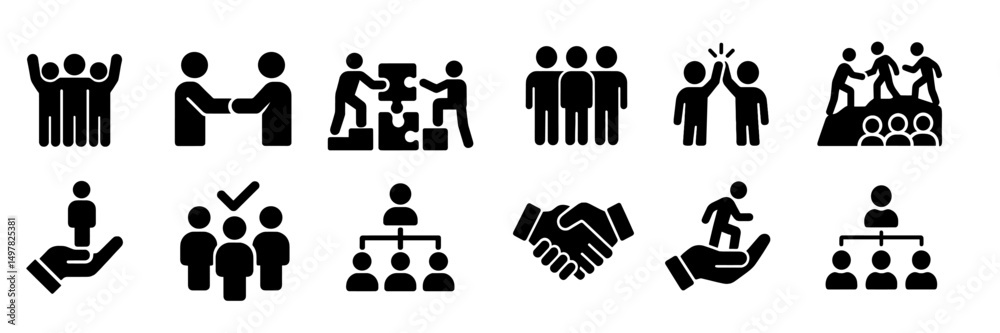 Poster Diverse teamwork and collaboration icons representing various activities and interactions in a business or community setting