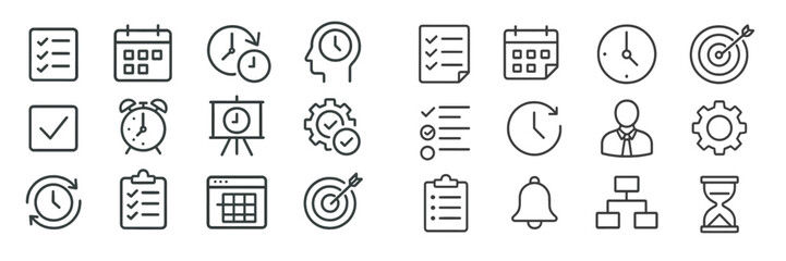 Collection of icons representing time management, productivity, and planning tools for efficient workflow