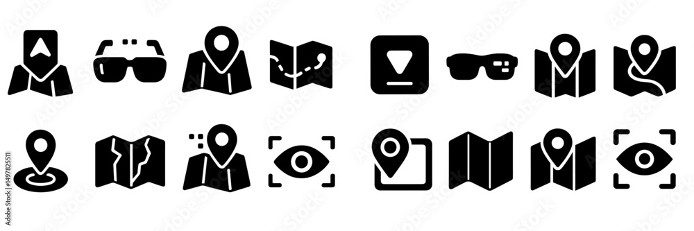 Poster collection of travel and navigation icons displaying various mapping and location markers for digita