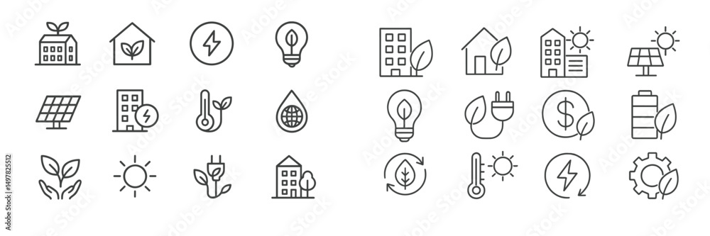Poster collection of simple line icons representing renewable energy and sustainable living concepts for ec