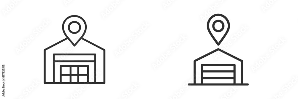 Poster design of simplistic warehouse icons with location markers for application use in digital platforms