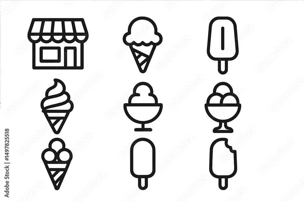 Poster fun ice cream icons and illustrations representing various frozen treats on a simple white backgroun