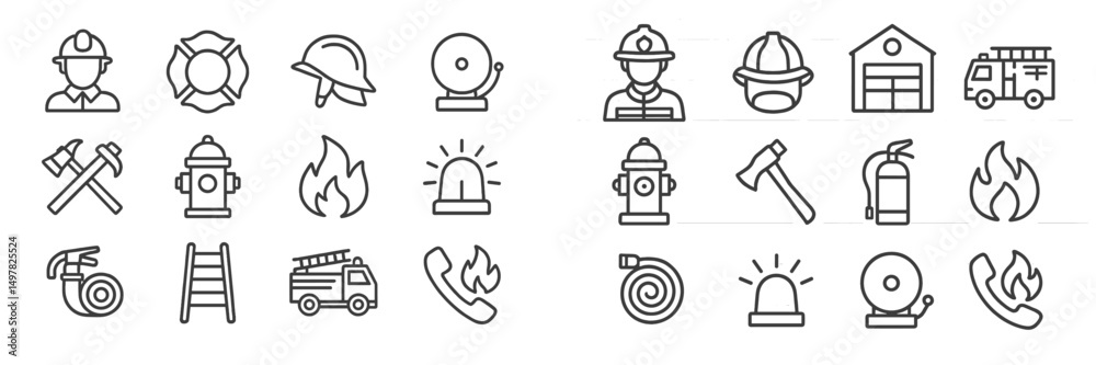 Poster fire safety icons and symbols for emergency services representation in a simple line style