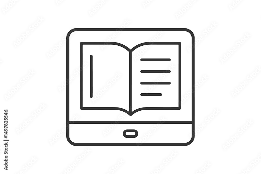 Poster Digital reading device displaying an open book with visible text and pages against a simple background