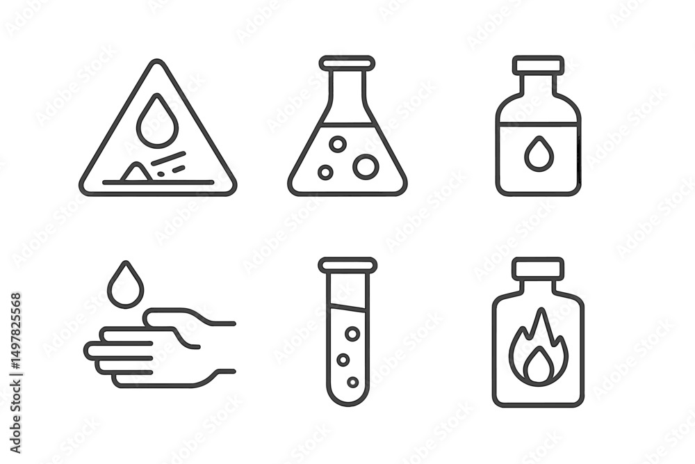 Poster chemical symbols and laboratory icons illustrating safety and experimentation in science