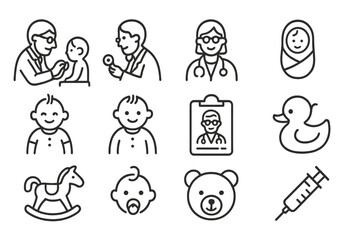 Various illustrations depicting healthcare and pediatric care activities featuring doctors, children, and medical items