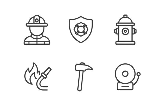 Emergency response equipment and personnel symbols depicted in a minimalist design for fire safety awareness