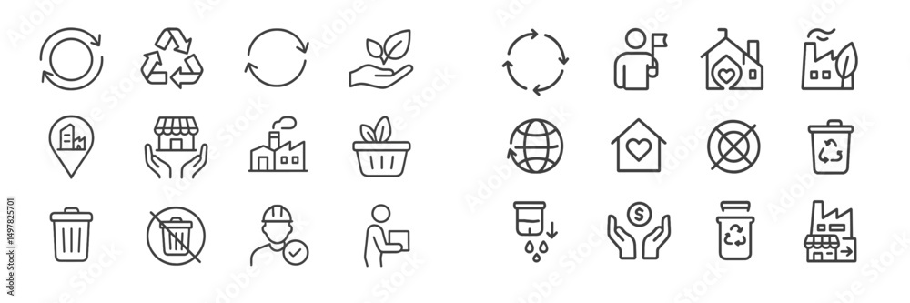 Poster collection of recycling and eco-friendly icons illustrating sustainability concepts and environmenta