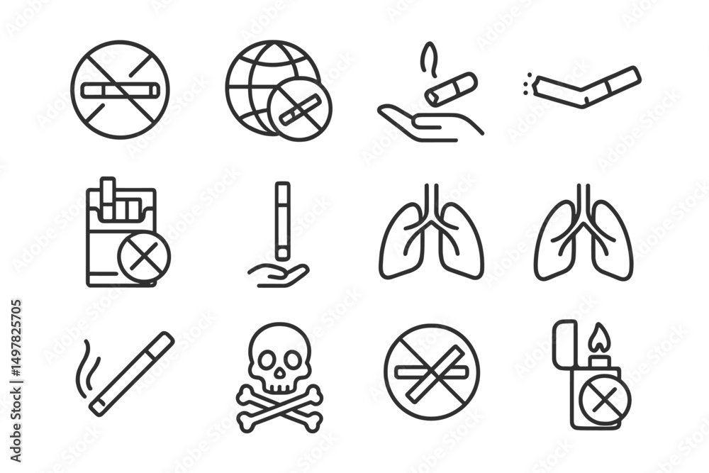 Poster symbols representing the dangers of smoking and tobacco use in various forms, including cigarettes a