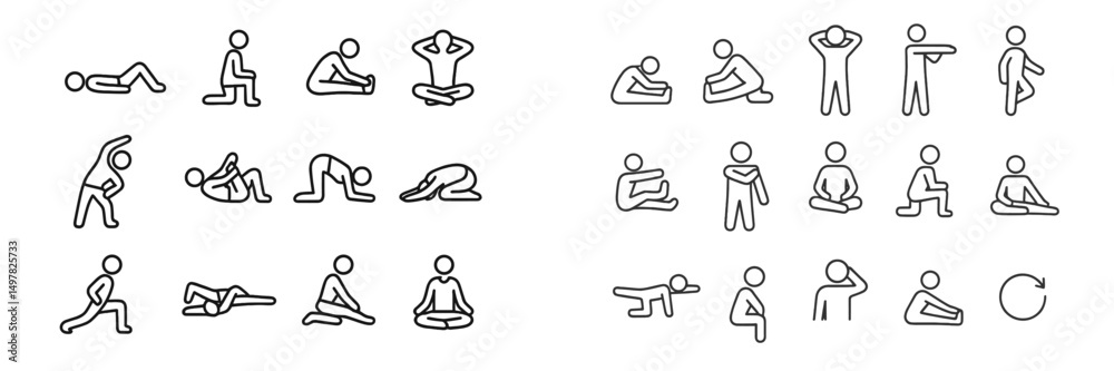 Poster set of minimalist human figures demonstrating various yoga poses and stretches in a simple and clear