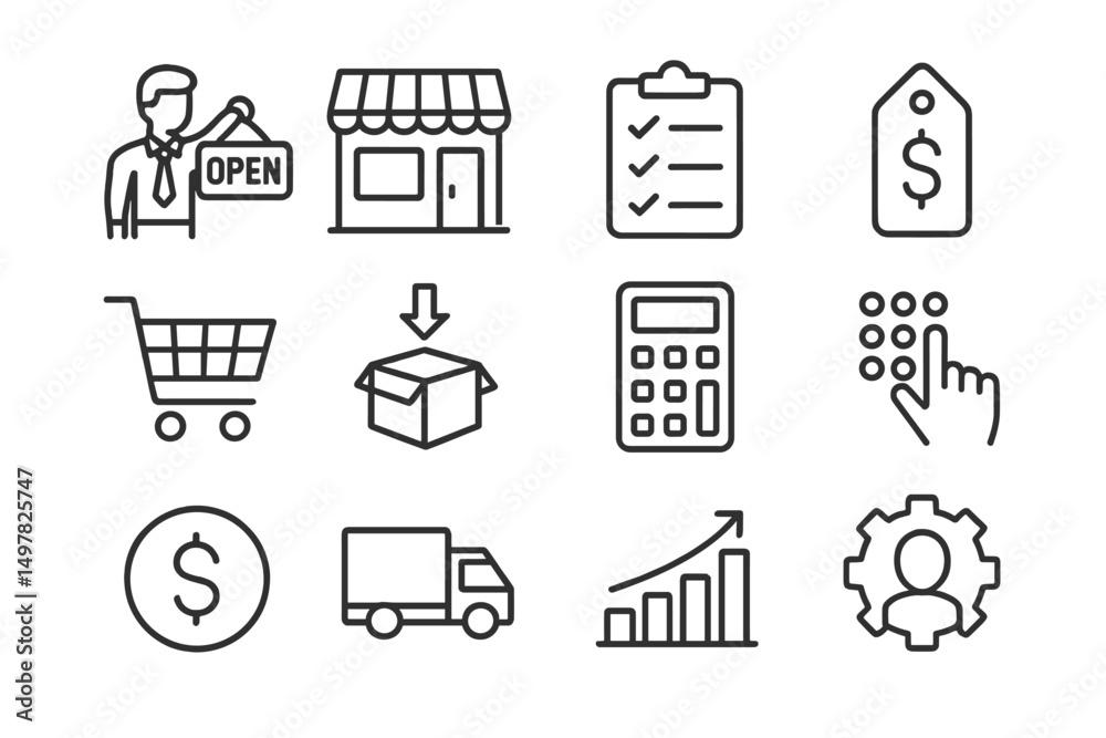 Poster Business operation essentials in a retail environment showcasing various tasks and tools