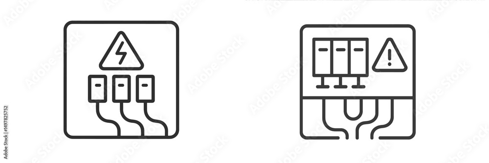 Poster safety symbols for electrical equipment displayed in a technical manual at a workshop setting
