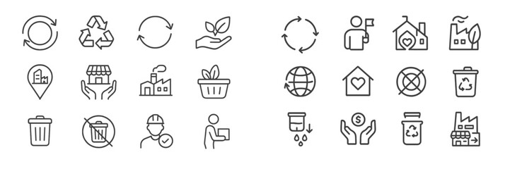 Collection of recycling and eco-friendly icons illustrating sustainability concepts and environmental protection efforts shared in a minimalist style