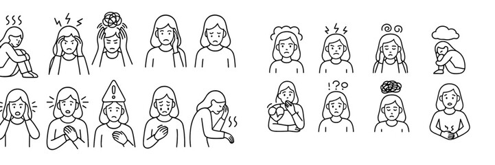 Various illustrations representing different emotions and states of mind related to stress, anxiety, and confusion