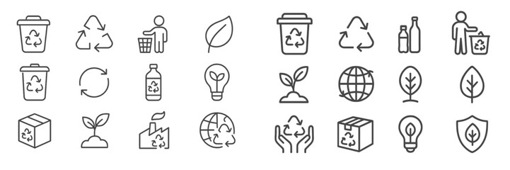 Icons representing recycling, waste management, and eco-friendly practices in a clean, organized layout for educational use