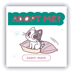 Adopt, don't shop! Creative square banner template. Naive illustration with young woman, who hugging her adopted dog with big heart on background. Flat style. Kawaii clip art with french bulldog.