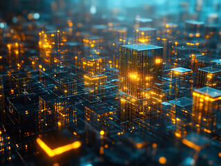 Futuristic Digital Cityscape with Glowing Skyscrapers