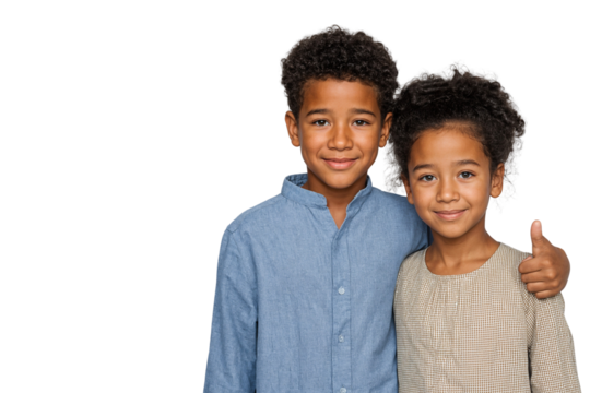 Smiling brother and sister standing closely together, sibling love, isolated on white background