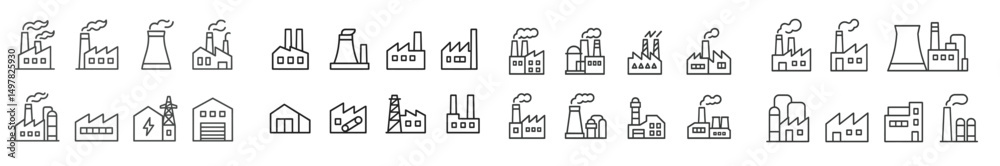 Poster industrial buildings with factories and smoke stacks in a modern urban environment showcasing variou