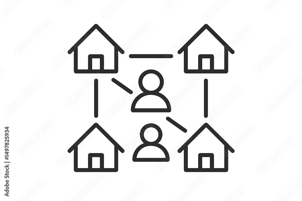 Aufkleber network connection between multiple houses illustrated with person icons in a simple graphic layout