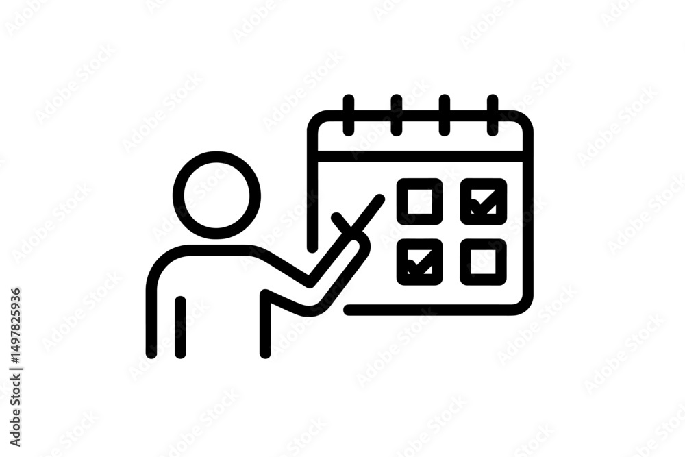 Poster person pointing at calendar while checking off tasks for better time management and organization