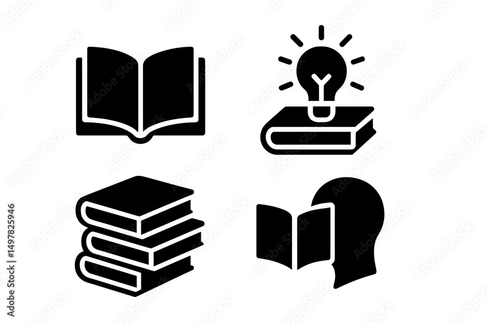 Poster Symbols representing knowledge and learning with open books and lightbulb icons in a simple black design