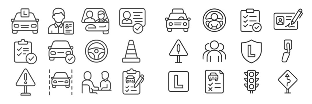 Driving test icons illustrating various aspects of vehicle assessment and road safety compliance in a clear and organized manner