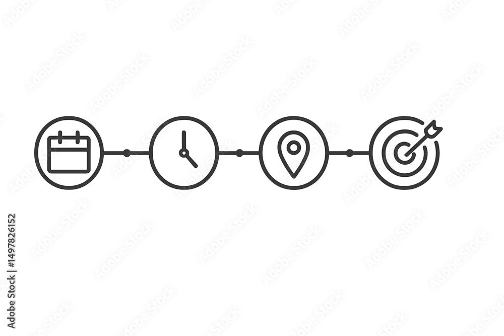 Poster planning an event with calendar, clock, location marker, and target icon along a timeline for effect