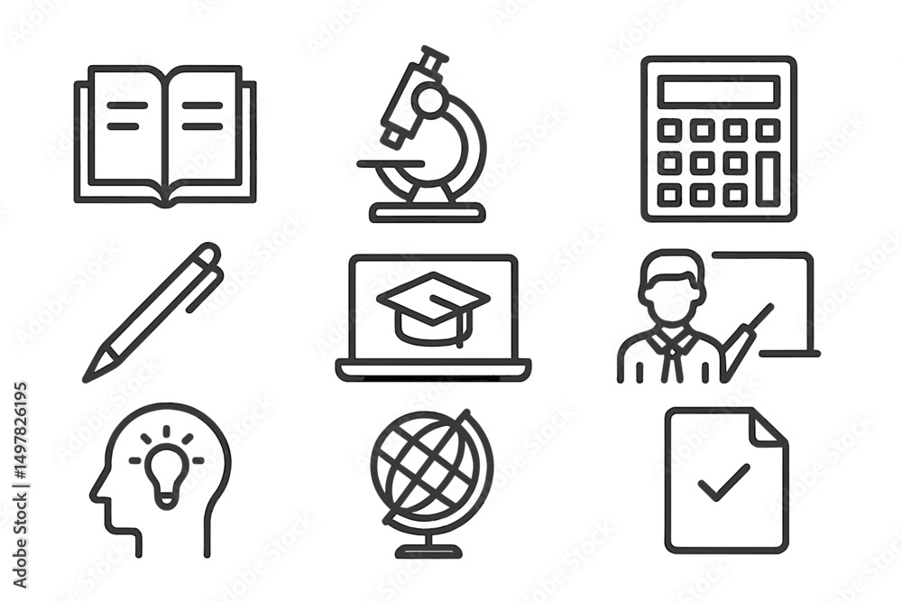 Aufkleber educational tools and symbols representing learning and study activities in various subjects and fie