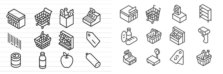 Grocery store icons depicting various products, checkouts, and shopping carts in a minimalistic illustration style