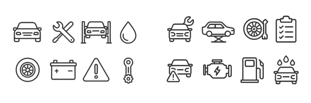 Car maintenance icons illustrating repairs and service tasks in an auto shop setting