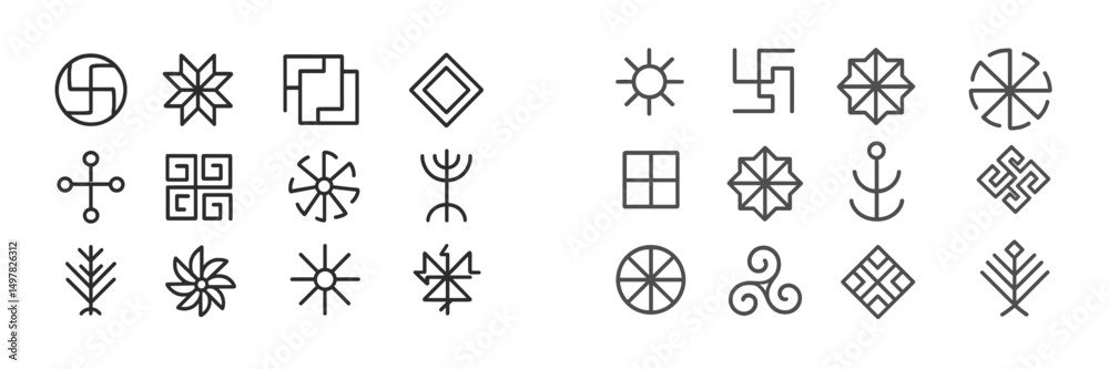 Aufkleber collection of various geometric and symbolic designs created with black lines on a white background 