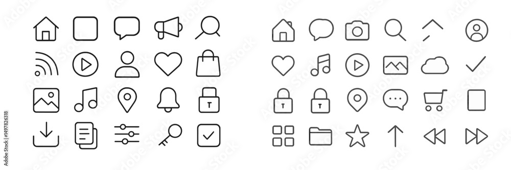 Poster collection of minimalist line icons for user interface design and digital applications showcasing va